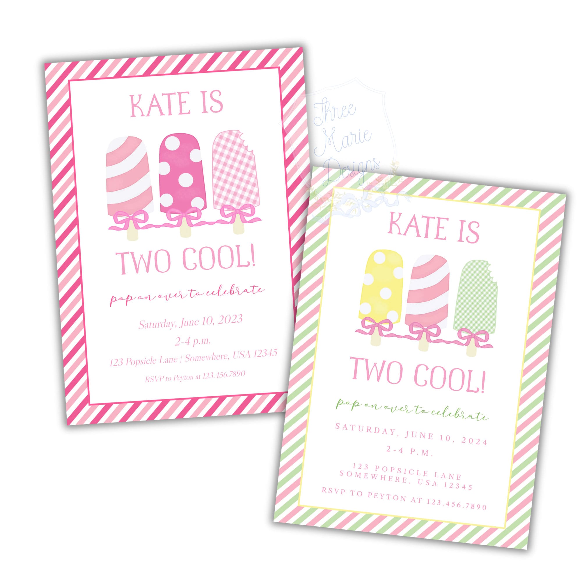 Pink Popsicle Birthday Invitation SelfEditable TWO COOL Popsicle Invite Pop on Over Invite Preppy Popsicle Invite Pink and
