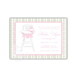 May include: A pink and white invitation with a floral border. The invitation features a drawing of a high chair with a banner that says "ONE". The text reads "Parker Anne is turning one!" and includes the date, time, and location.