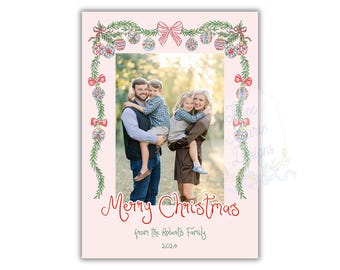 Girlande rosa und rote Weihnachtskarte | Bearbeitbar | Rosa Weihnachtsschleife und Verzierungskarte | Foto Weihnachtskarte | Digitale Weihnachtskarte