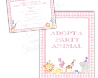Pink Adopt a Party Animals Station Signage | Party Animal Adoption Station | Watercolor Party Animals  Sign Animal Adoption Certificate