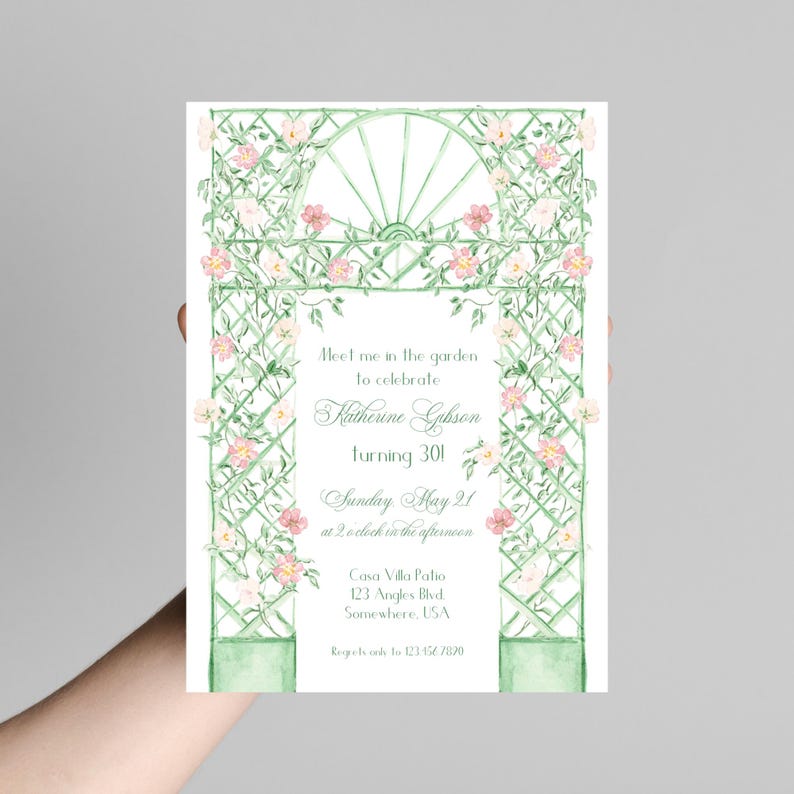 May include: A green and white garden trellis with pink flowers and vines. The invitation reads "Meet me in the garden to celebrate Katherine Gibson turning 301. Sunday May 21 at 2 o'clock in the afternoon. Casa Villa Patio 123 Angles Blvd. Somewhere, USA. Regrets by to 1234567890"