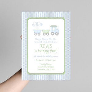 Watercolor Train Invite | Editable Train Birthday invitation | Blue and Gren Train Invitation | Watercolor Train Party Invite | Sweet Train image 3
