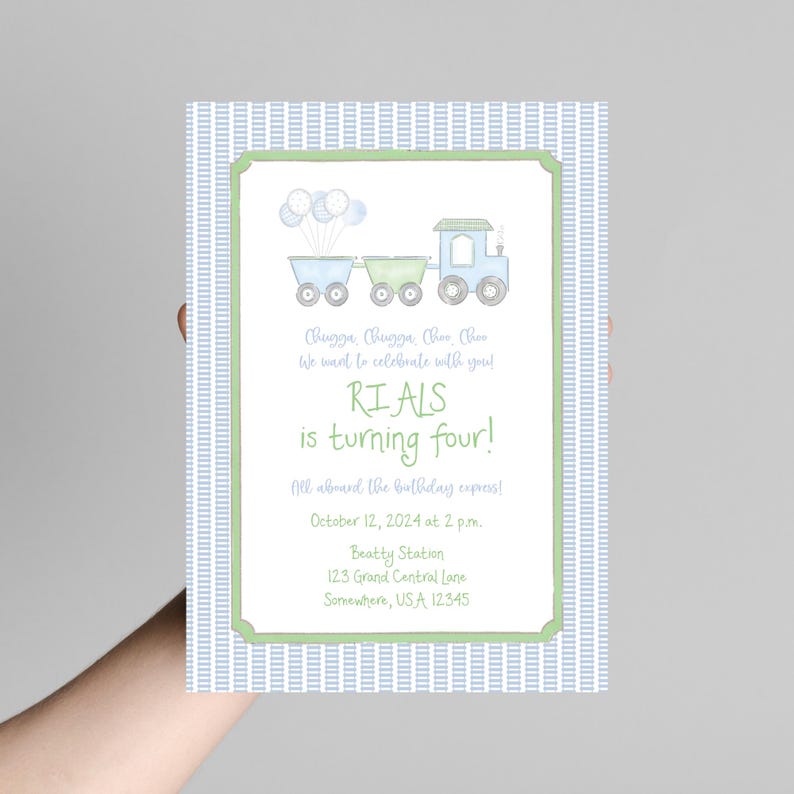 Watercolor Train Invite | Editable Train Birthday invitation | Blue and Gren Train Invitation | Watercolor Train Party Invite | Sweet Train image 3