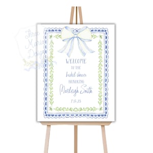 Blue and Green Bow Bridal Shower Welcome Sign | Bridal Luncheon Welcome Signage, Grandmillenial Baby Shower Welcome Bridal Shower Sign
