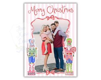 Wunderliche Nussknacker Weihnachtskarte | Bearbeitbare Weihnachtsfoto-Digital-Download-Karte | Rosa und Rote Weihnachtskarte | Artsy Nussknacker Karte