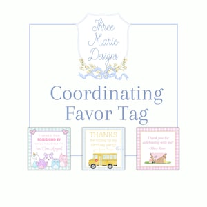 May include: Three favor tags with pink and blue gingham backgrounds. The first tag says "Thanks for squishing by my birthday party! Love, Chloe Maymont". The second tag says "Thanks for rolling by my birthday party!" The third tag says "Thank you for celebrating with me! - Mary Ryan".