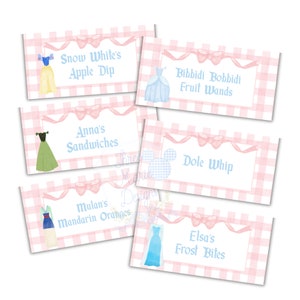 Etiquetas para carpas de comida con tarjetas de lugar de princesas / Descarga digital autoeditable / Señalización de comida de princesas / Menú de comida para fiesta de princesas / Comida con temática de princesas