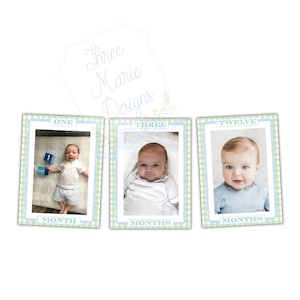 Banner imprimible con foto mensual en azul y verde / Banner con foto mensual de cuadros verdes / Descarga instantánea / Decoración de banner de cumpleaños azul