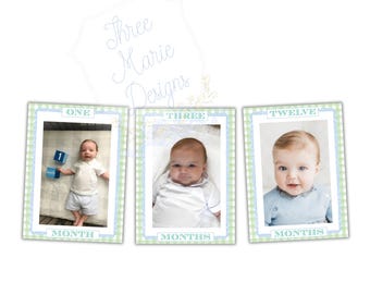 Blue and Green Monthly Photo Banner Printable | Green Gingham Monthly Picture Banner | Instant Download | Blue Birthday Banner Decor
