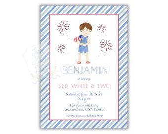 Patriotic All American Boy Birthday Invitation | Red White & Two Invite | Classic USA | Self-Edit | Red White Blue American Birthday Invite