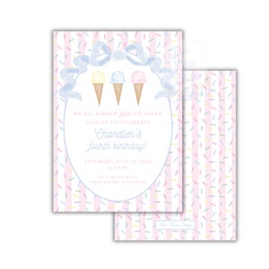 Pink Pastel Ice Cream Birthday Invitation, Self-Edit, Pink Ice Cream Invite, We all scream FOUR ice cream, Double Scoop invite, Pink Stripes image 3