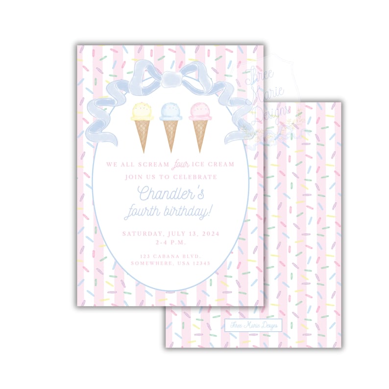 Pink Pastel Ice Cream Birthday Invitation, Self-Edit, Pink Ice Cream Invite, We all scream FOUR ice cream, Double Scoop invite, Pink Stripes image 3
