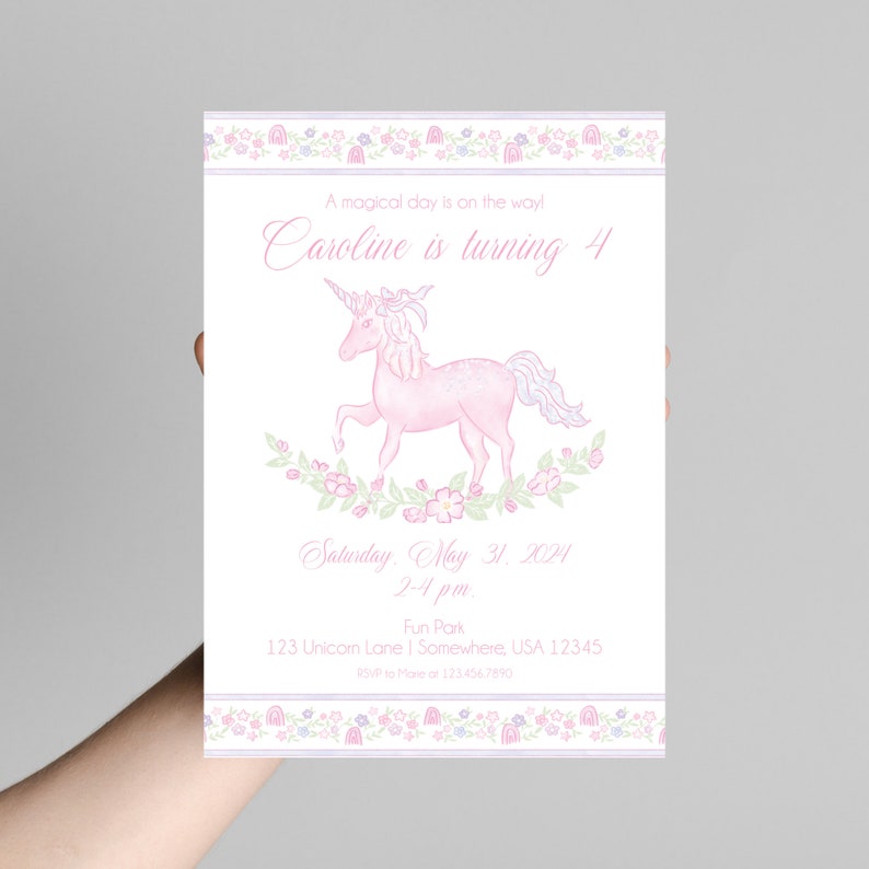 Editable Magical Unicorn Birthday Invite | Pastel Pink Unicorn Invitation | A Magical Day is on the Way! Unicorn Invitation Pink and Purple image 6