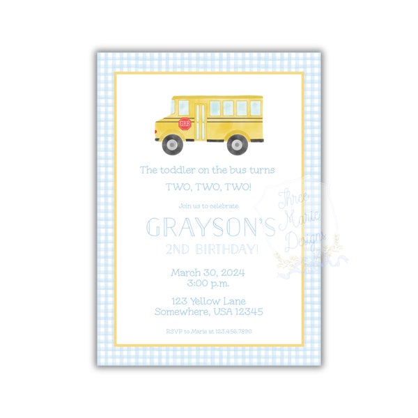 Wheels on the Bus Birthday Invite | Self-Editable | Yellow School Bus Invitation | Watercolor Bus Party Invite | School Bus Invite
