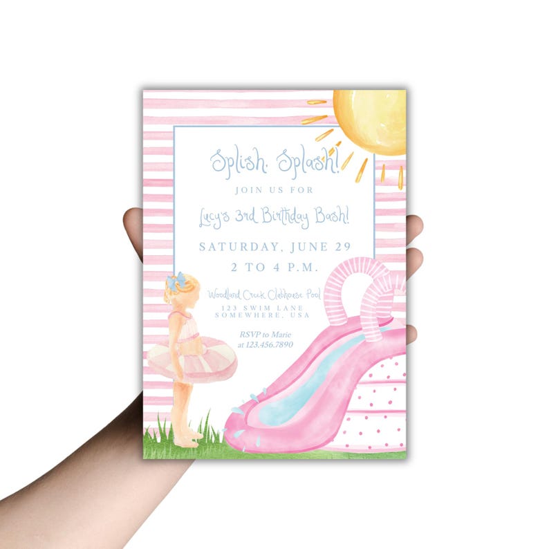 May include: A watercolor invitation for Lucy's 3rd birthday bash. The design features a pink and white striped border, a sun, a pool slide, and a girl with a floatie. The invitation includes the date, time, and location.