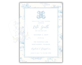 Blue Toile Baby Shower Invite | Baby Boy Shower Invitation, Editable Grandmillenial Baby Shower Invite | Baby Blue Nursery Toile Invitation