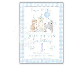 Pawty-verjaardagsuitnodiging voor puppy | Kom zitten, blijf uitnodigen | Uitnodiging voor puppyfeestje | Blauwe puppy bewerkbare digitale download puppy hond feestuitnodiging