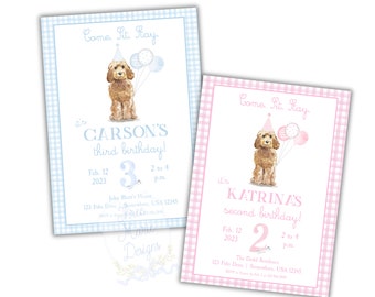 Peut inclure: Deux invitations à motifs vichy bleu et rose avec une illustration aquarelle d'un chien portant un chapeau de fête et tenant des ballons. Le texte sur l'invitation bleue se lit comme suit : "C'est le troisième anniversaire de Carson !" et le texte sur l'invitation rose se lit comme suit : "C'est le deuxième anniversaire de Katrina !"