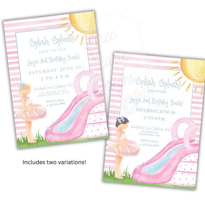 May include: Watercolor invitation with pink stripes, featuring a pink water slide, a sun, and a girl with a swim ring. Text reads "Splish Splash!" and "Lucy's 3rd Birthday Bash!" Includes two variations.