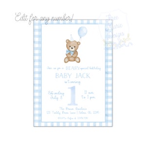 Invitación de cumpleaños de osito de peluche / Invitación para el primer cumpleaños de osito de peluche / Invitación de osito de peluche azul bebé / Cumpleaños especial de osito de peluche / Autoeditable imagen 2
