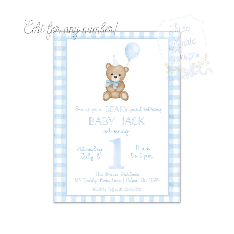 Invitación de cumpleaños de osito de peluche / Invitación para el primer cumpleaños de osito de peluche / Invitación de osito de peluche azul bebé / Cumpleaños especial de osito de peluche / Autoeditable imagen 2