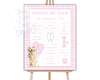 Roze mijlpaalbord verjaardag golden retriever | Sweet Golden Retriever mijlpaal bewegwijzering decoratie puppy verjaardagsfeestje bewerkbaar mijlpaalbord