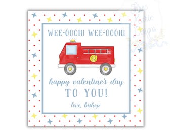 Firetruck Valentine Tag | Sweet Firetruck Boys Valentine Card | 3x3 Editable Firetruck Preschool Valentine | Fired Up Valentines Day Gift