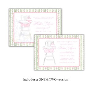 May include: Two pink and green birthday party invitations. One features a high chair with a banner that says "ONE", the other says "TWO". Both have text that reads "Parker Anne is turning one!" and "Parker Anne's second birthday!"
