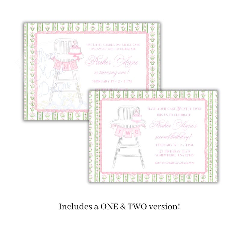 May include: Two pink and green birthday party invitations. One features a high chair with a banner that says "ONE", the other says "TWO". Both have text that reads "Parker Anne is turning one!" and "Parker Anne's second birthday!"