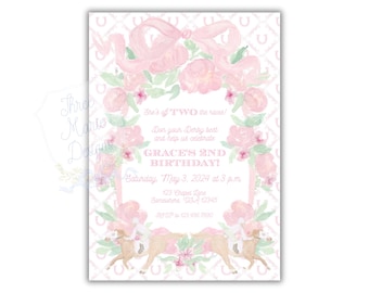 May include: Pink and green floral birthday invitation with a watercolor design. The invitation says "She's off TWO the races! Don your Derby best and help us celebrate GRACE'S 2ND BIRTHDAY! Saturday, May 3, 2024 at 3 p.m. 123 Crapid Lane, Jomaurere 12345, 1234567890"