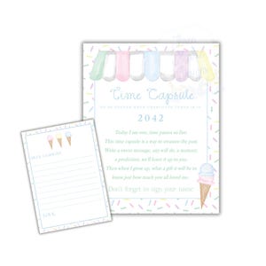 Bord- en notitiekaarten met pastelkleurige ijstijdcapsule | Bewerkbare Time Capsule-signalisatie | Decoratie verjaardagsfeestje ijs, traditie eerste verjaardag