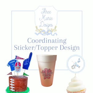 May include: A collection of coordinating sticker and topper designs. The image features a football-themed cake with toppers, a foam cup with a "Happy Birthday Camilla!" sticker, and a cupcake with a bicycle topper. The text "Three Marie Designs" is also visible.