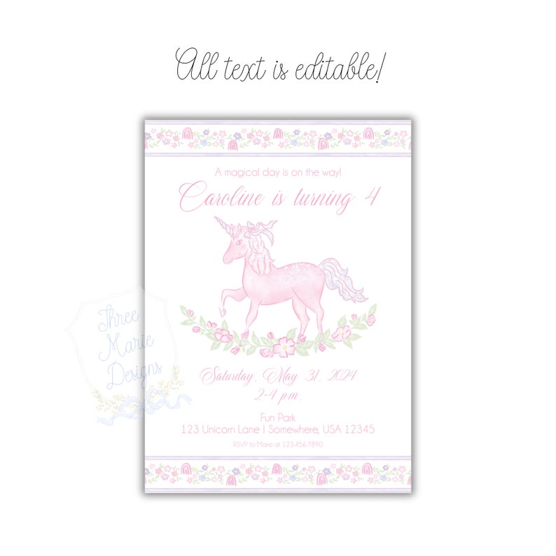 Editable Magical Unicorn Birthday Invite | Pastel Pink Unicorn Invitation | A Magical Day is on the Way! Unicorn Invitation Pink and Purple image 2