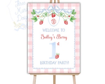Strawberry Birthday Welcome Sign | Pink and Blue Berry Sweet Birthday Party Decor | Berry Sweet Banner Self-Edit, Berry First Birthday Decor