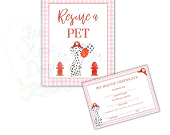Rescue a Pet Pink Firetruck Birthday Signage, Printable Party Signs for Dalmatian Adoption Station, Fireman Party, Firetruck Theme