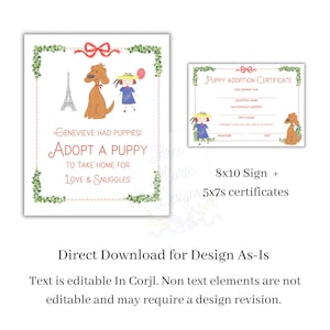 May include: A white sign with a red bow, green border, and the text "Adopt a Puppy." Includes a puppy illustration, Eiffel Tower, and a girl holding a balloon. Also includes a puppy adoption certificate.