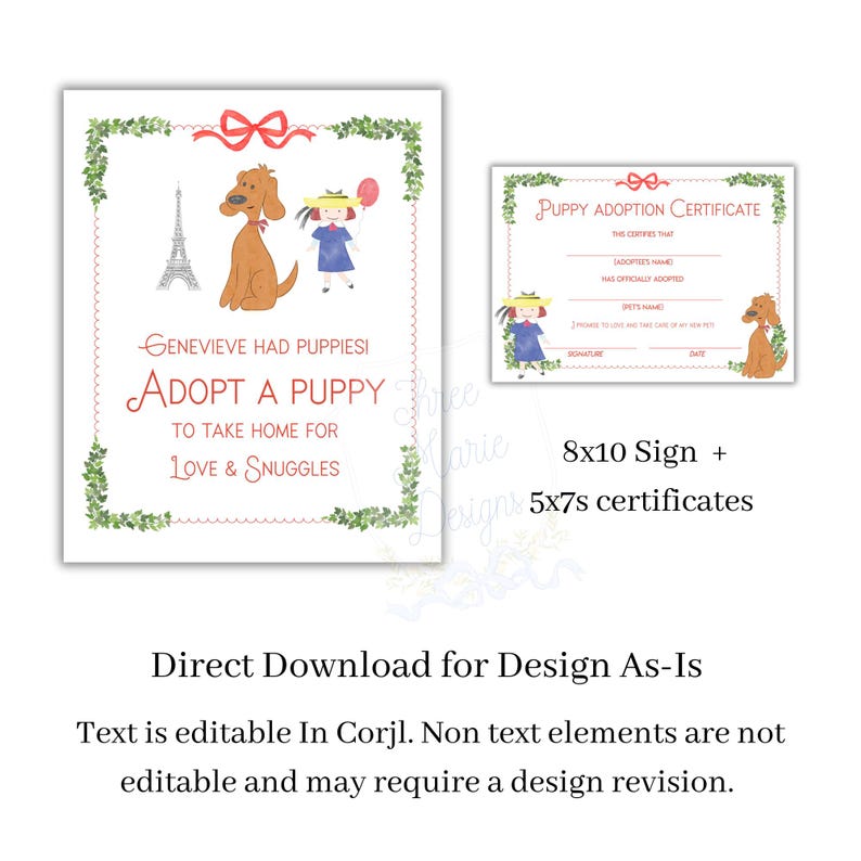 May include: A white sign with a red bow, green border, and the text "Adopt a Puppy." Includes a puppy illustration, Eiffel Tower, and a girl holding a balloon. Also includes a puppy adoption certificate.