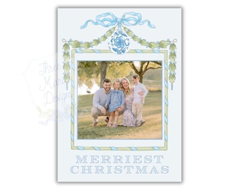 Grandmillenial Blue Bow and Green Garland Christmas Card | Editable | Pastel Blue Christmas Card | Editable Photo Christmas Card Download