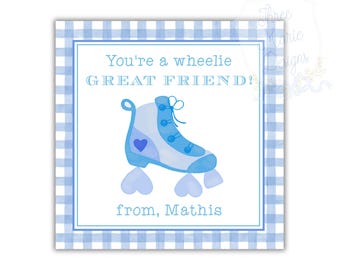Blue Roller Skate Valentine Tag | Wheelie Valentine | I Like the Way You Roll | 3x3 Inches Editable DIY Valentine Digital Download Printable