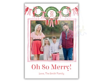 Kokette rote Bogen-Weihnachtsgirlanden-Foto-Karte | Bearbeitbare Weihnachtskarte | Christmas Bows eine digitale Download bunte Weihnachtskarte