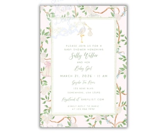 Chinoiserie Baby Shower Invite | Granmillenial Baby Girl Shower Invitation | Watercolor Stork Editable Invite | 5x7 Inches Digital Download