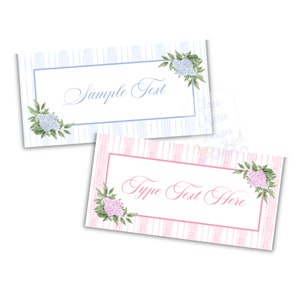 May include: Two rectangular cards with floral accents. One card has a blue striped background with the text "Sample Text" and blue hydrangea flowers. The other card has a pink striped background with the text "Type Text Here" and pink flowers.