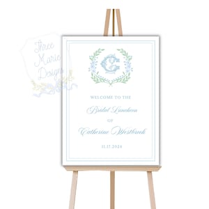 Blue and Green Bridal Shower Welcome Sign | Monogram Bridal Luncheon Welcome Signage, Grandmillenial Floral Welcome Bridal Shower Sign