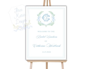 Blue and Green Bridal Shower Welcome Sign | Monogram Bridal Luncheon Welcome Signage, Grandmillenial Floral Welcome Bridal Shower Sign