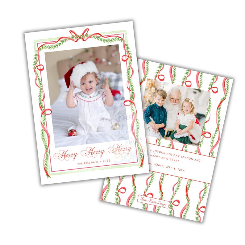 May include: Christmas cards with photos, featuring a festive design. The cards have a white background with red ribbons and green leaves. One card has a photo of a child wearing a Santa hat, and the other has a photo of children with Santa. Text reads "Merry, Merry, Merry".