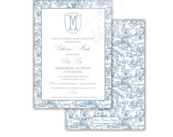 Blue Nursery Toile Baby Shower Invite | Baby Boy Shower Invitation, Editable Grandmillenial Baby Shower Invite | Dusty Blue Toile Invitation