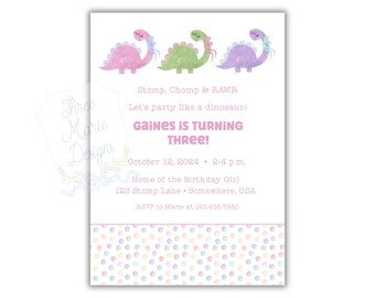 Pink Dinosaur Invite | Editable Dino Birthday Invite | Purple Dinosaur Birthday Invitation | Pastel Dinosaur Invite | Preppy Dinosaur Invite