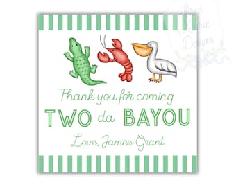 May include: Green, red, and white thank you favor tag with a green alligator, red crawfish, and white pelican. The tag says "Thank you for coming TWO da BAYOU Love, James Grant" with green and white stripes on the top and bottom.