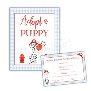 Adopt a Puppy Firetruck Birthday Signage, Printable Party Signs for Dalmatian Adoption Station | Fireman Party, Firetruck Theme, Certificate