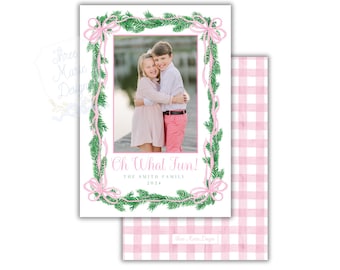 Rosa und Grüne Weihnachtskarte | Bearbeitbare rosa Weihnachtsschleifen-Weihnachtskarte | Foto Weihnachtskarte | Grüne Girlande Digitale Weihnachtskarte